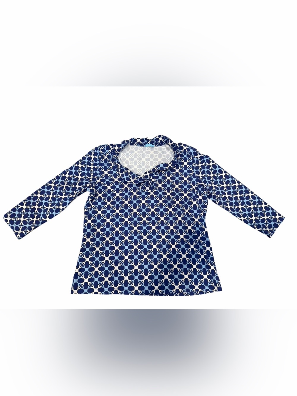 J. McLaughlin XL Blue Geometric Print Ruffle Neck Top Long Sleeve Stretch Tunic